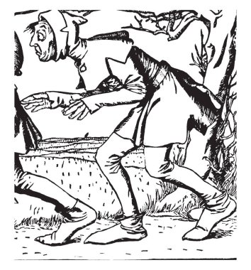 Çizgi roman karakteri, bu resim eğdi bir adam ve seyir bir şey, sol, karşı karşıya vintage çizgi çizme veya illüstrasyon oyma gösteriyor