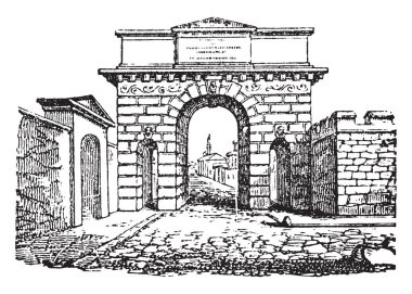 Herculaneum, antik bir Roma şehri, ünlü korunmuş için Pompeii, vintage çizgi çizme veya oyma illüstrasyon ile birlikte kapıda.