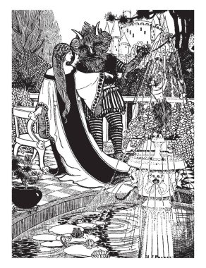 Güzel ve çirkin, bu sahne güzel Bayan Çeşme, vintage çizgi çizme veya oyma illüstrasyon bakıyor canavar ile ayakta gösterir