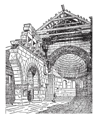 İç kilise Kalb-Lauzeh biri. -Ansiklopedi Britannica, 1910. Kelso Abbey bir topluluk, vintage çizgi çizme veya oyma illüstrasyon tarafından 12. yüzyılda inşa bir İskoç oldu.