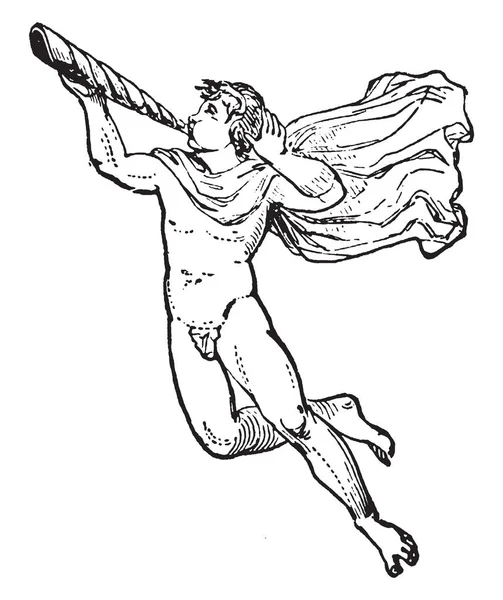 Aeolos 是一个小神 根据希腊神话 它被认为是四风的守护者 他过去常常按神 复古线画或雕刻插图给他的方向吹响喇叭 释放风 — 图库矢量图片
