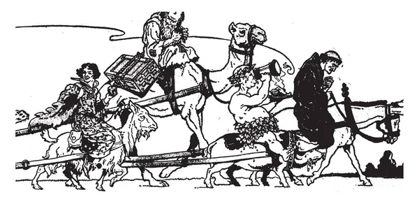 Старий Верблюд Жінка Верхи Козлі Чоловік Харчовою Тарілкою Руці Верхи — стоковий вектор