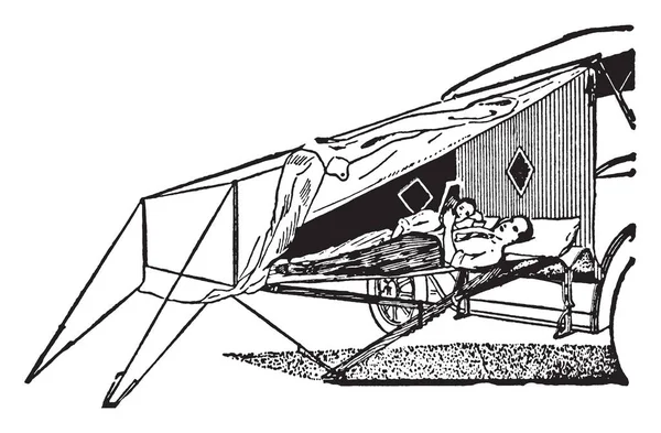 カップル使用一時的な軽量ベッド キャンプ車を取り付け ヴィンテージのライン描画中動きやすいやイラストを彫刻 — ストックベクタ
