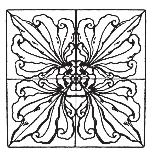 Renaissance Square Panel Big Dark Leaves Pattern Vintage Line Drawing — Stock Vector