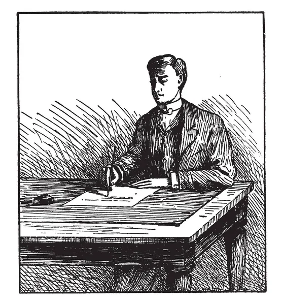 在桌上写字或写字的人 手写的 人写的纸 复古线条画或雕刻插图 — 图库矢量图片