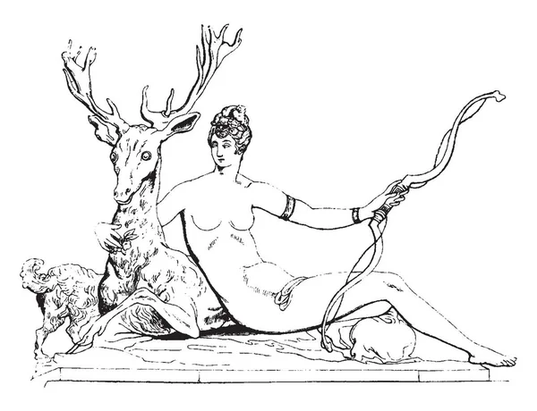 Diana Fontainebleau Realizada Por Benvenuto Cellini Dibujo Línea Vintage Ilustración — Archivo Imágenes Vectoriales
