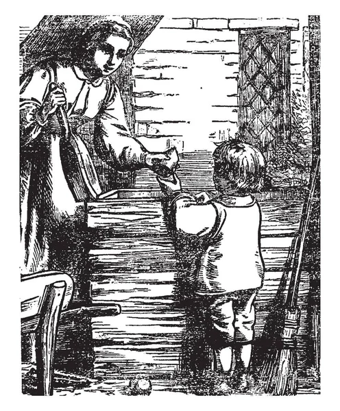 Женщина Стоящая Давая Ребенку Рисунок Винтажной Линии Гравировка Иллюстрации — стоковый вектор