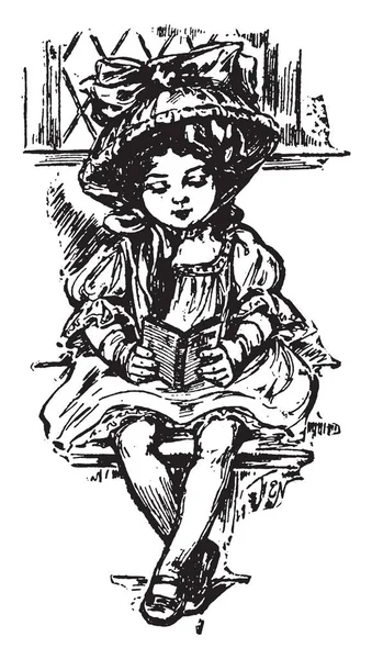 Dívka Čtení Kniha Chlapče Mladá Dítě Vintage Kreslení Čar Nebo — Stockový vektor
