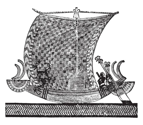 埃及皇家船从雕塑墓 复古线条画或雕刻插图 — 图库矢量图片