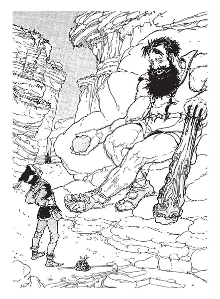Küçük terzi, bu sahneyi dağlarda oturan ve rock bir elinde ve başka bir el, önünde duran ve onu, vintage çizgi çizme veya oyma illüstrasyon bakıyor küçük adam ormanda tutan dev bir adam gösterir.