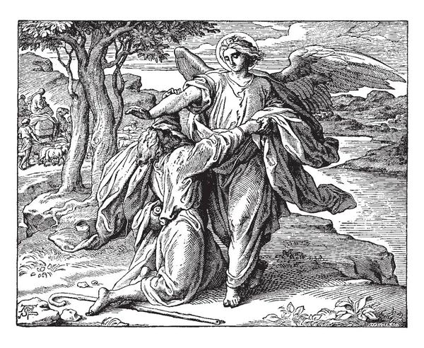 Яків Боротьба Ангелом Сцена Показує Чоловік Боротьбою Ангел Vintage Штриховий — стоковий вектор