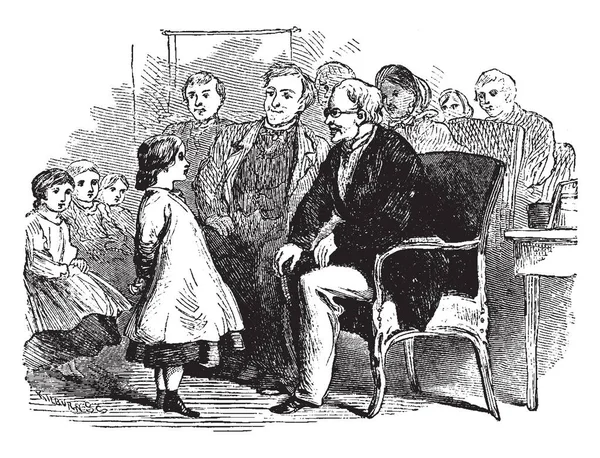 Uma Criança Falando Com Homem Sentado Cadeira Outros Homens Sentados — Vetor de Stock