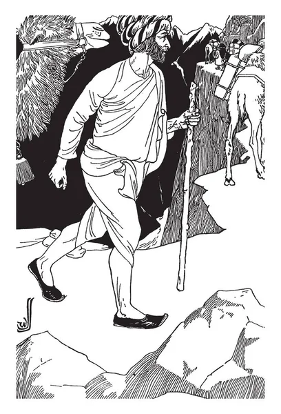 哈菲德的任务 这一幕显示 一名男子一只手拿着棍子 后面走着山上的路上 复古的线条画或雕刻插图 — 图库矢量图片