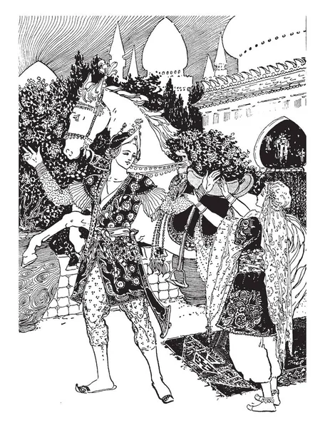 Pangeran Dan Putri Adegan Ini Menunjukkan Pangeran Berdiri Dekat Kuda - Stok Vektor