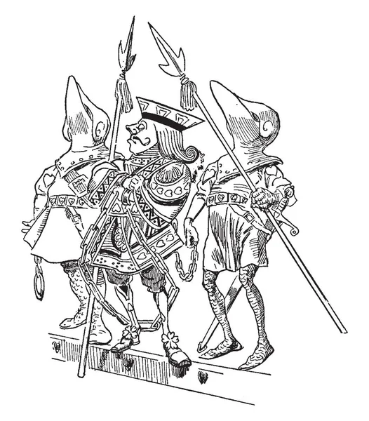 Roi Arrêté Par Deux Soldats Avec Des Lances Dans Les — Image vectorielle