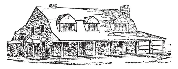 这是一个在美国的房子附近的海边 老式的线条画或雕刻插图 — 图库矢量图片