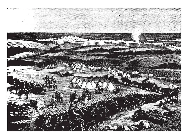 Asedio Sebastopol Durante Guerra Crimea Trazado Líneas Vintage Ilustración Grabado — Vector de stock