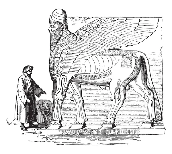 Geflügelte Figur Einem Portal Nimrud Vintage Gravierte Illustration Industrieenzyklopädie Lami — Stockvektor