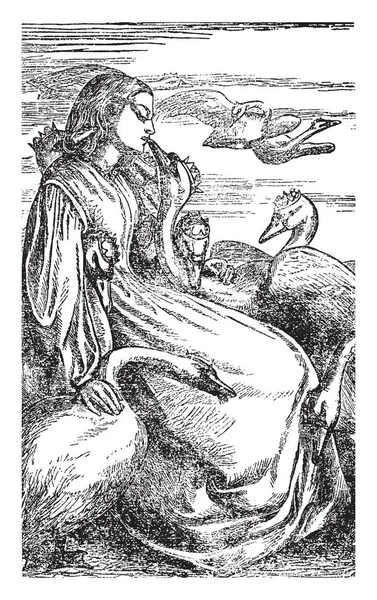 ヴィンテージ線図面または彫刻のイラストの女性をキス クラウンと白鳥鳥と彼女の周りクラウン他白鳥の鳥 — ストックベクタ
