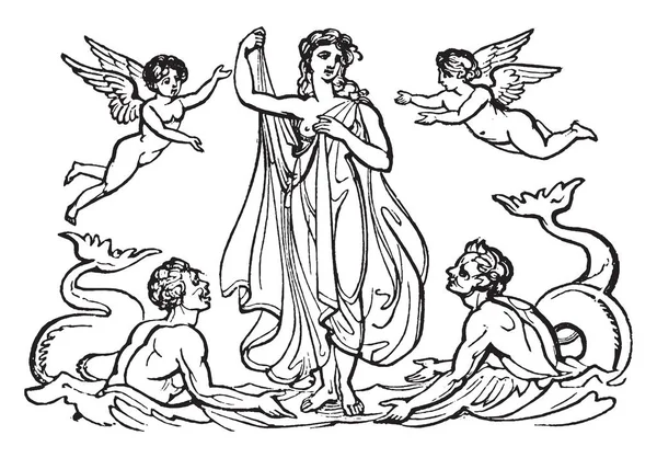 一个古老的图片金星 罗马女神的爱和美丽站在河与一些服务员 复古线条画或雕刻插图 — 图库矢量图片
