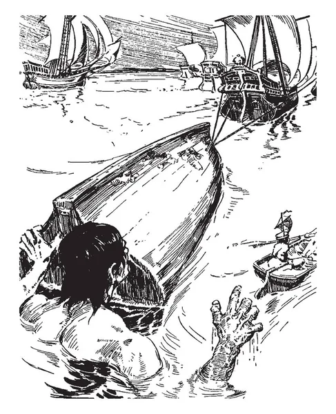 格列佛 这个场景显示一个巨人游泳 并带来漂流船在水中 船舶在背景 复古线条画或雕刻插图 — 图库矢量图片