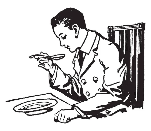 Man Sitting Dinner Table Eating Soup Bowl Kept Table Vintage — Stock Vector
