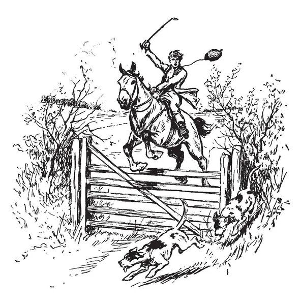 一个男孩坐在马与控制在他的手和追逐两只狗 复古线条画或雕刻插图 — 图库矢量图片