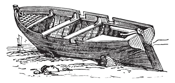 Row Boat which is a small row boat with row locks, vintage line drawing or engraving illustration.