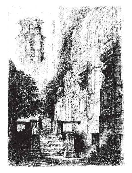 ハイデルベルク城の遺跡への入り口は 北アルプス ビンテージの線描画や彫刻イラスト最も重要なルネサンスの構造 — ストックベクタ