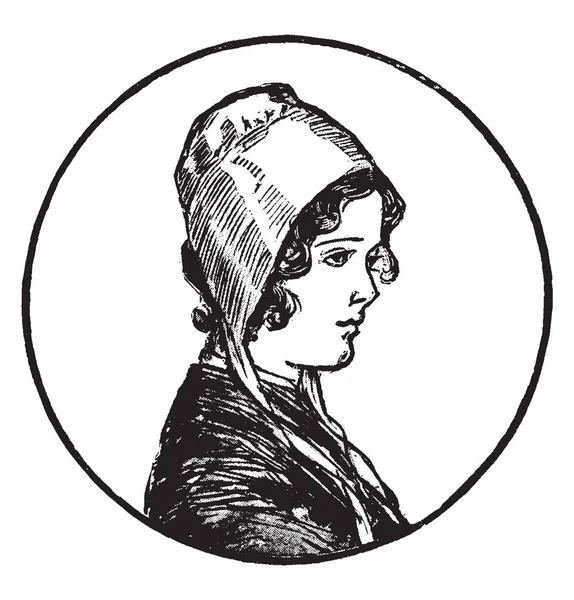 Vrouw Met Bonnet Deze Figuur Vintage Lijntekening Gravure Illustratie — Stockvector