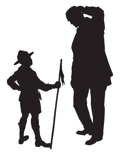 Silhouette Little Boy His Father Vintage Line Drawing Engraving Illustration — Stock Vector