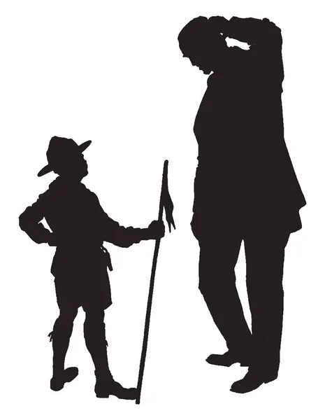 少年と彼の父 ビンテージの線の描画や彫刻イラストのシルエット — ストックベクタ