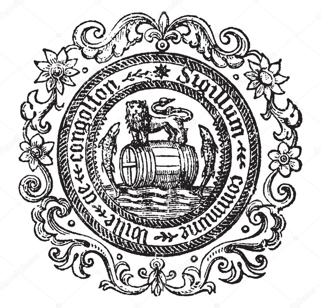 A market-town and municipal borough of England, there is a barrel on which lion is stading, that barrel is floating on water and two fishes are jumping from left and righ side of barrel, vintage line drawing or engraving illustration