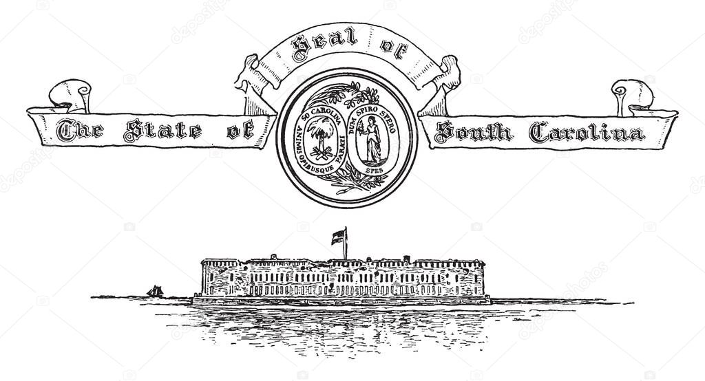 The United States seal of South Carolina, this round shape seal has palmetto tree and spears in one side, another side goddess walking with laurel, and fort underneath, vintage line drawing or engraving illustration