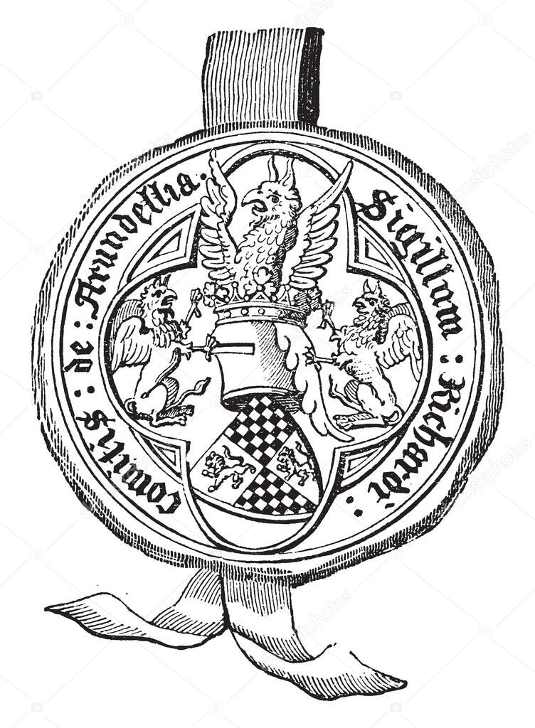 Seal of Richard, Earl of Arundel is large in proportion to the shield and it was usually represented in the compositions of the fourteenth and fifteenth centuries, vintage line drawing or engraving illustration.