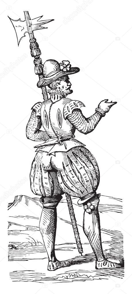 Beefeater in 1563, vintage engraved illustration. Industrial encyclopedia E.-O. Lami - 1875