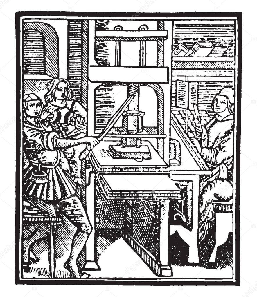 This illustration represents Gutenberg Press where Screw presses down platen on the type, vintage line drawing or engraving illustration.