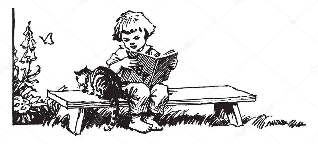 Girl Sitting Bench Reading Book Cat Child Female Garden Kid