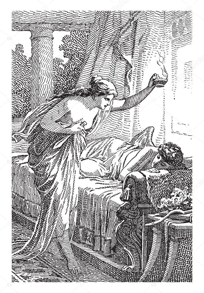 A Cupid is lying on the couch and Psyche stood still next to him with the lamp in her hand. She is gradually drawing softly nearer and nearer to view him better, vintage line drawing or engraving illustration.