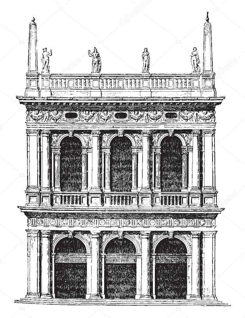Old Library of St. Mark at Venice, Next in order are the productions of Jacopo Tatti, architect was educated in the Florentine school, afterwards proceeded to Rome, vintage line drawing or engraving illustration.