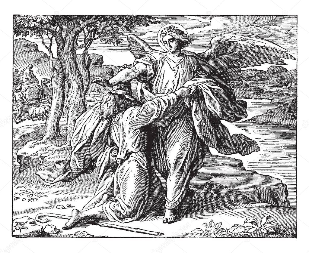 Jacob Wrestling with the Angel, this scene shows a man wrestling with an angel , vintage line drawing or engraving illustration 