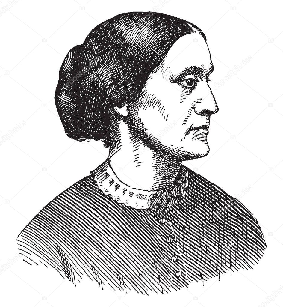 Susan B. Anthony, 1820-1906, she was an American social reformer who worked to secure women's suffrage in the United States, vintage line drawing or engraving illustration