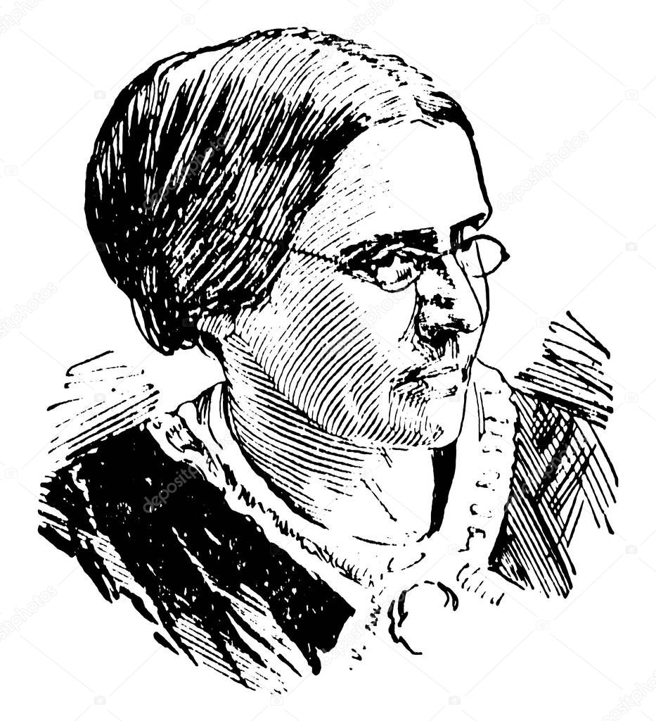 Susan B. Anthony, 1820-1906, she was an American social reformer who worked to secure women's suffrage in the United States, vintage line drawing or engraving illustration