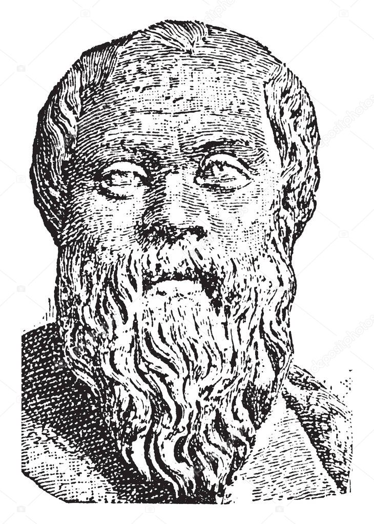 Bust of Socrates, 469-399 BC, he was a classical Greek philosopher, vintage line drawing or engraving illustration