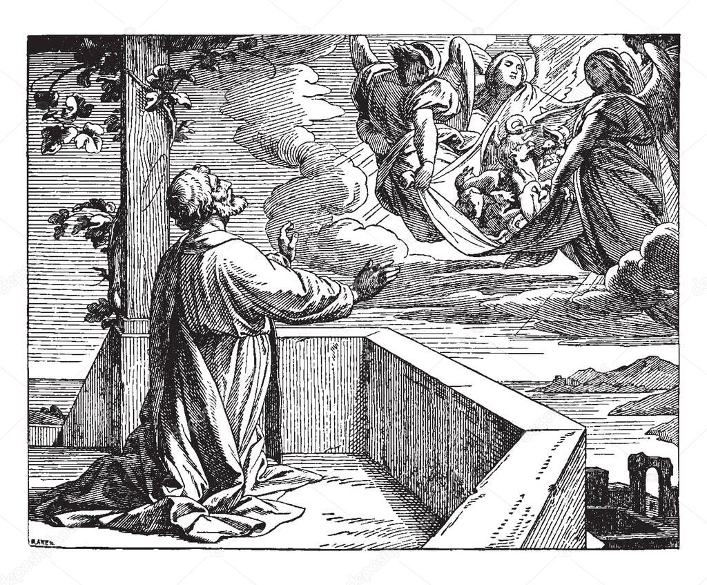 Peter's Vision on the Housetop, an old man standing on housetop spreading his hands, three angels in sky holding big cloth which has animals inside, clouds in background, vintage line drawing or engraving illustration