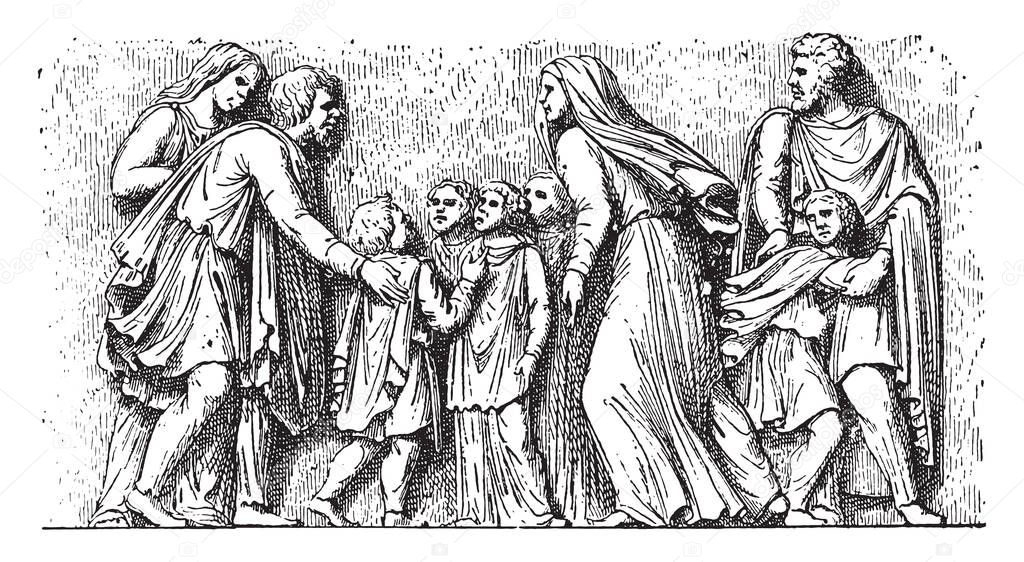 Barbarian family imploring Romans, vintage engraved illustration