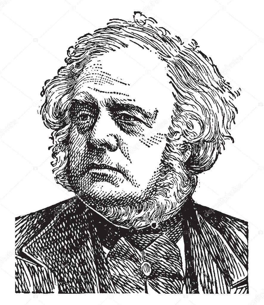 John Bright, 1811-1889, he was a British radical and liberal statesman, orator, and promoter of free trade policies, famous for battling the Corn Laws, vintage line drawing or engraving illustration