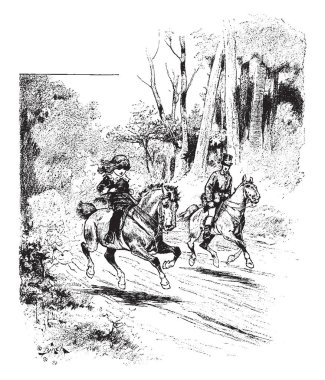 Bir erkek ve bir kız ile bir orman, vintage çizgi çizme veya oyma resimde iki ata biniyor.