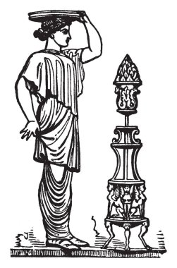 Canephoros başlarını potalara taşıyan bir rakamlar ve açılış veya cusps, foliations dört yaprak, vintage çizgi çizme veya oyma illüstrasyon tarafından bölen bir panel var..