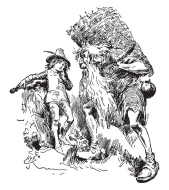 Merrymind, gitar, klasik çizgi çizme veya oyma illüstrasyon tutan küçük çocuk konuşurken arka sepet ile yaşlı bir adam